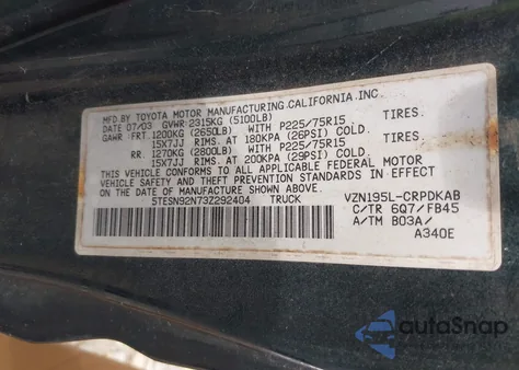 2003 Toyota Tacoma Prerunner V6 from USA, damaged, VIN 5TESN92N73Z292404